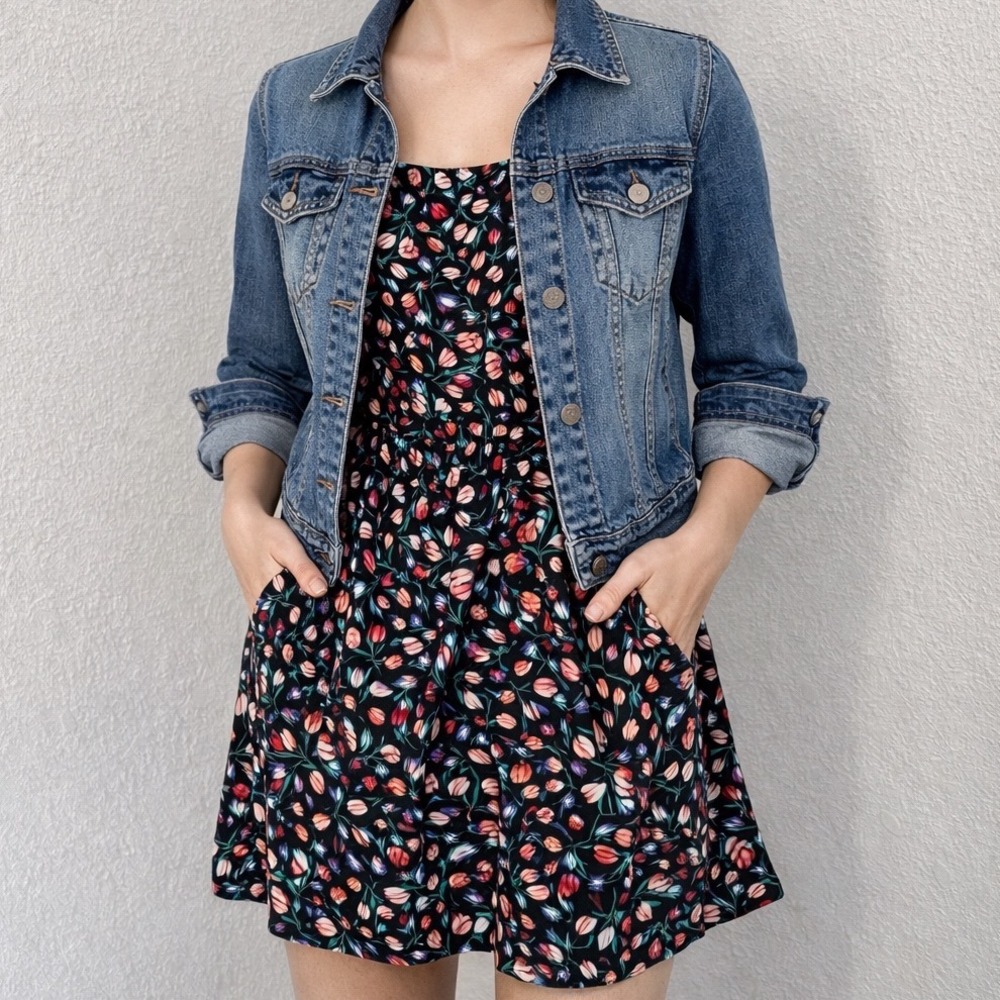 BP Black Floral Tulip Print Square Neck Mini Dress Women's Size M‎